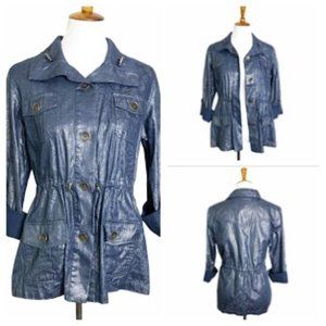 CHICO's Anorak Utility Metallic Blue Chambray Jacket Women's Size 1 (8/1…
